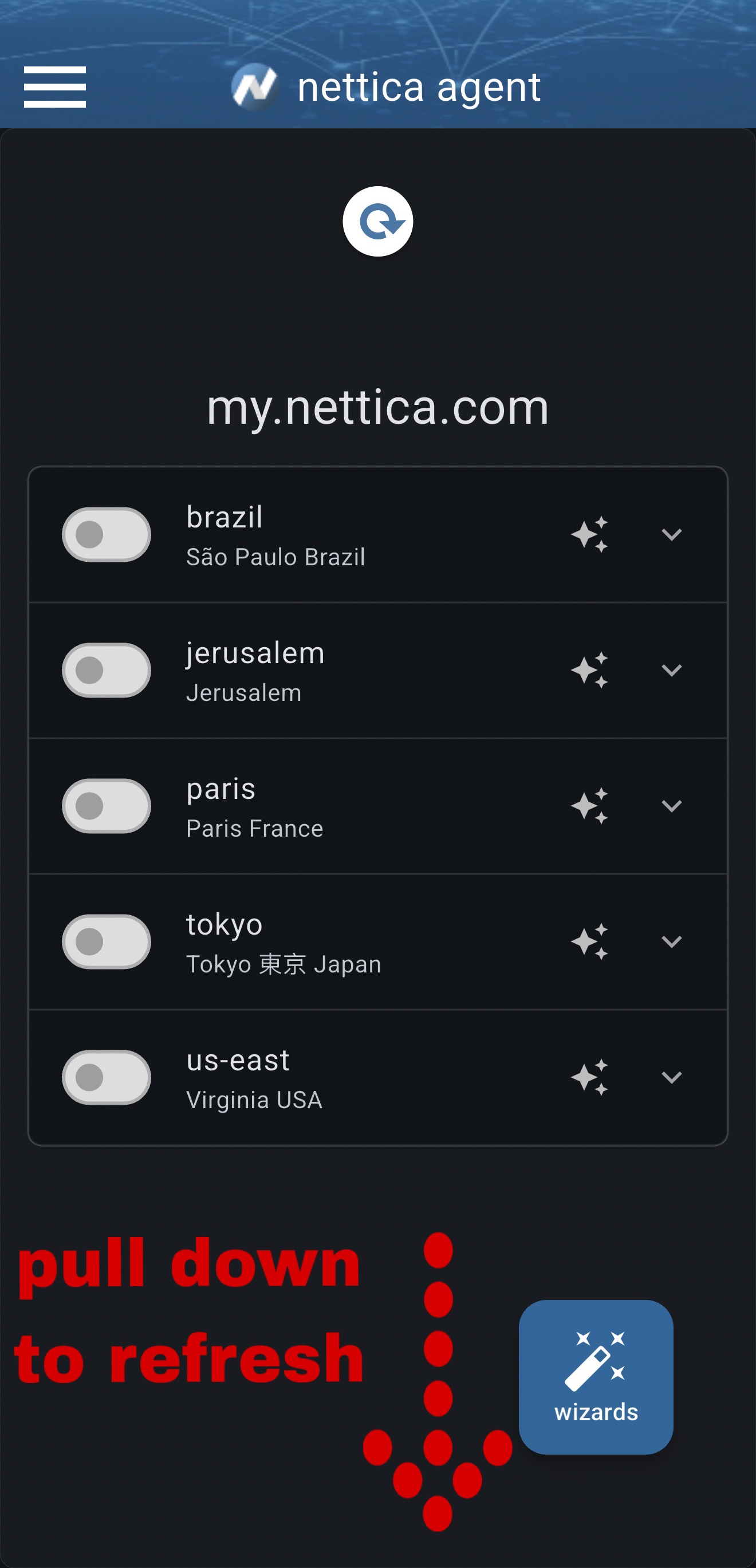 Main screen showing a downward pull gesture with a refresh spinner at the top of the VPN list