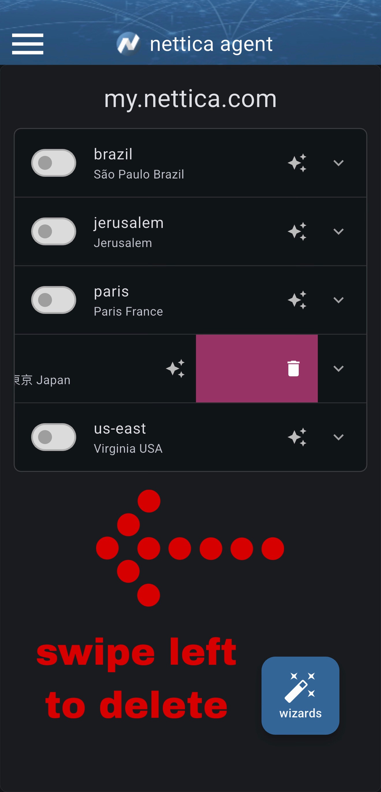 Main screen showing a VPN row swiped left to reveal a pink delete button with a trash icon